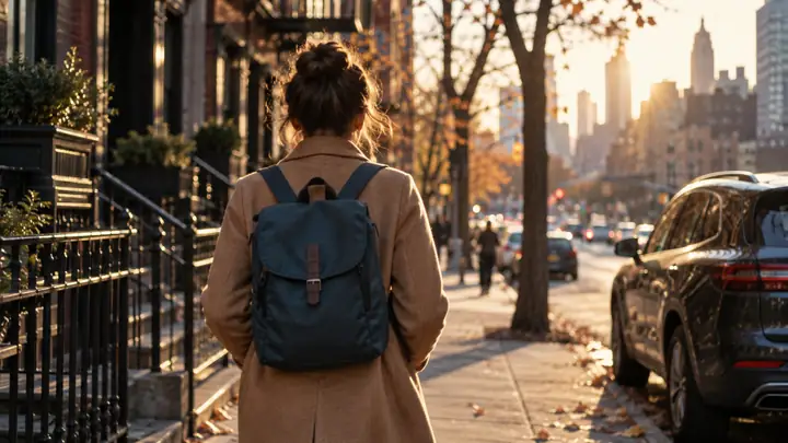 Cena cinematográfica de uma mulher com um casaco bege e uma mochila azul caminhando por uma calçada da cidade, passando por um carro estacionado, vista de costas.