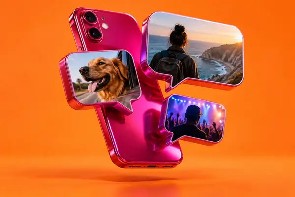 Telefone tridimensional magenta brilhante e balões de fala sobrepostos, isolados sobre fundo laranja.