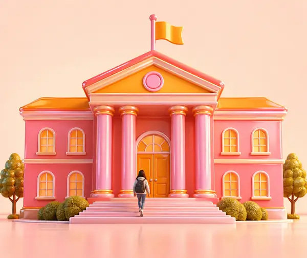 Ícone tridimensional brilhante de um prédio escolar clássico em rosa e laranja, isolado sobre fundo pêssego-claro.