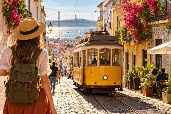 Rua ensolarada de Lisboa com um bonde amarelo, enquadrada como uma miniatura vibrante de vídeo de viagem.