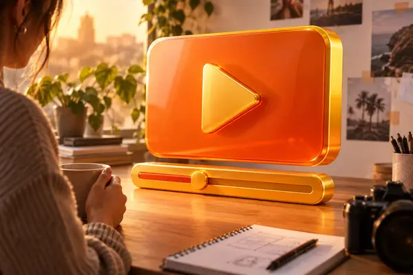 Grande reprodutor de vídeo tridimensional brilhante em laranja e amarelo-dourado, com botão de reprodução em relevo e barra de reprodução separada, sobre fundo creme aconchegante.