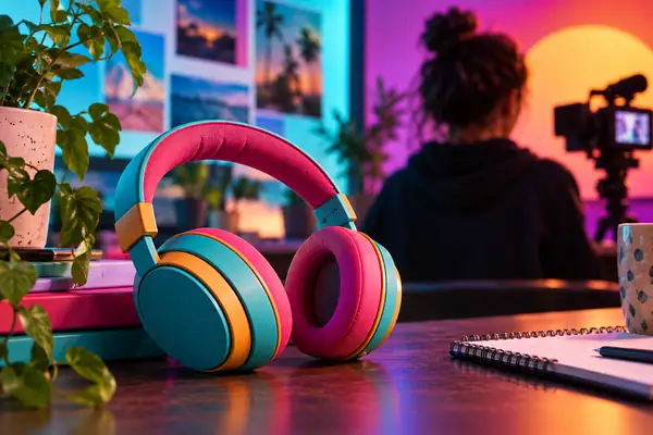 Fones de ouvido coloridos sobre um fundo vibrante de estúdio, em uma composição de miniatura para vídeo de redes sociais.