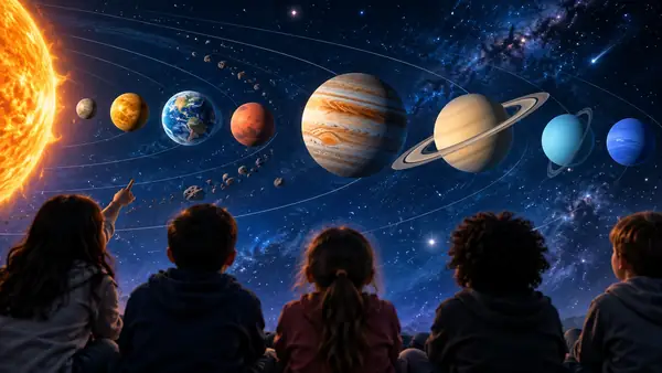 Planetas coloridos e ilustrados contra um céu azul-escuro, enquadrados como miniatura de vídeo educativo.