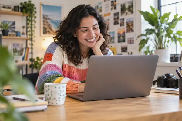 Retrato espontâneo de uma integrante da equipe criativa sorrindo diante de um laptop em um ambiente de trabalho iluminado.