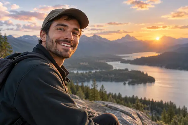 Pessoa criadora de conteúdo sorridente usando um boné diante de uma paisagem pitoresca.