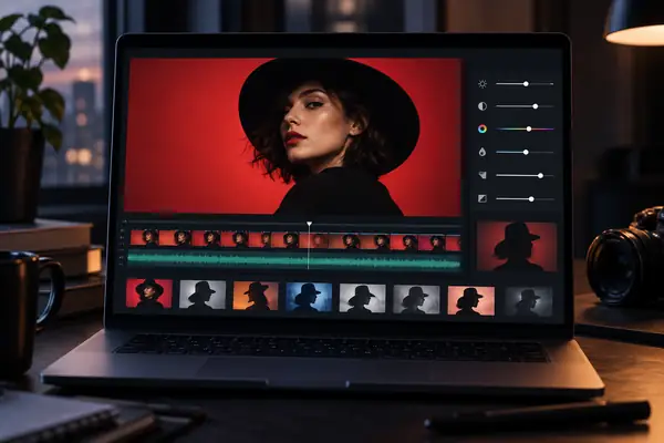 Interface refinada de um editor de vídeo em tema escuro, exibindo um retrato de moda com chapéu preto sobre fundo vermelho, com controles de edição e prévias de efeitos abaixo.