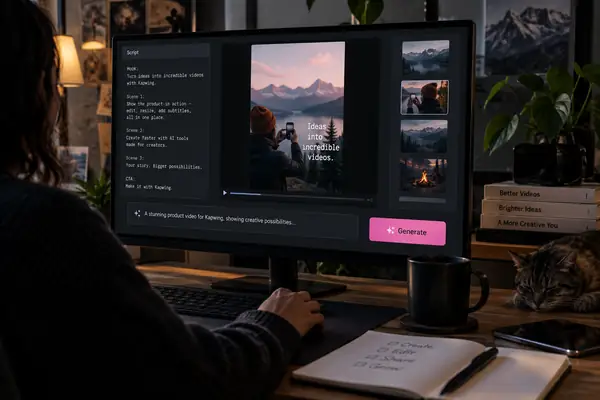 Interface detalhada de geração de vídeo em tema escuro, com um roteiro escrito, uma prévia vertical de vídeo de produto, um campo de prompt e um botão rosa para gerar.