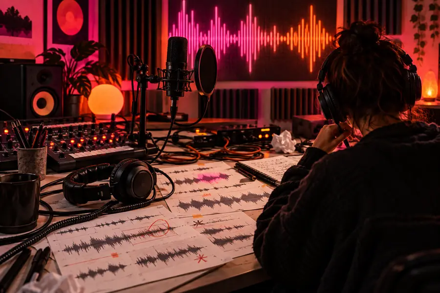 Illustration of an audio editing workspace before review